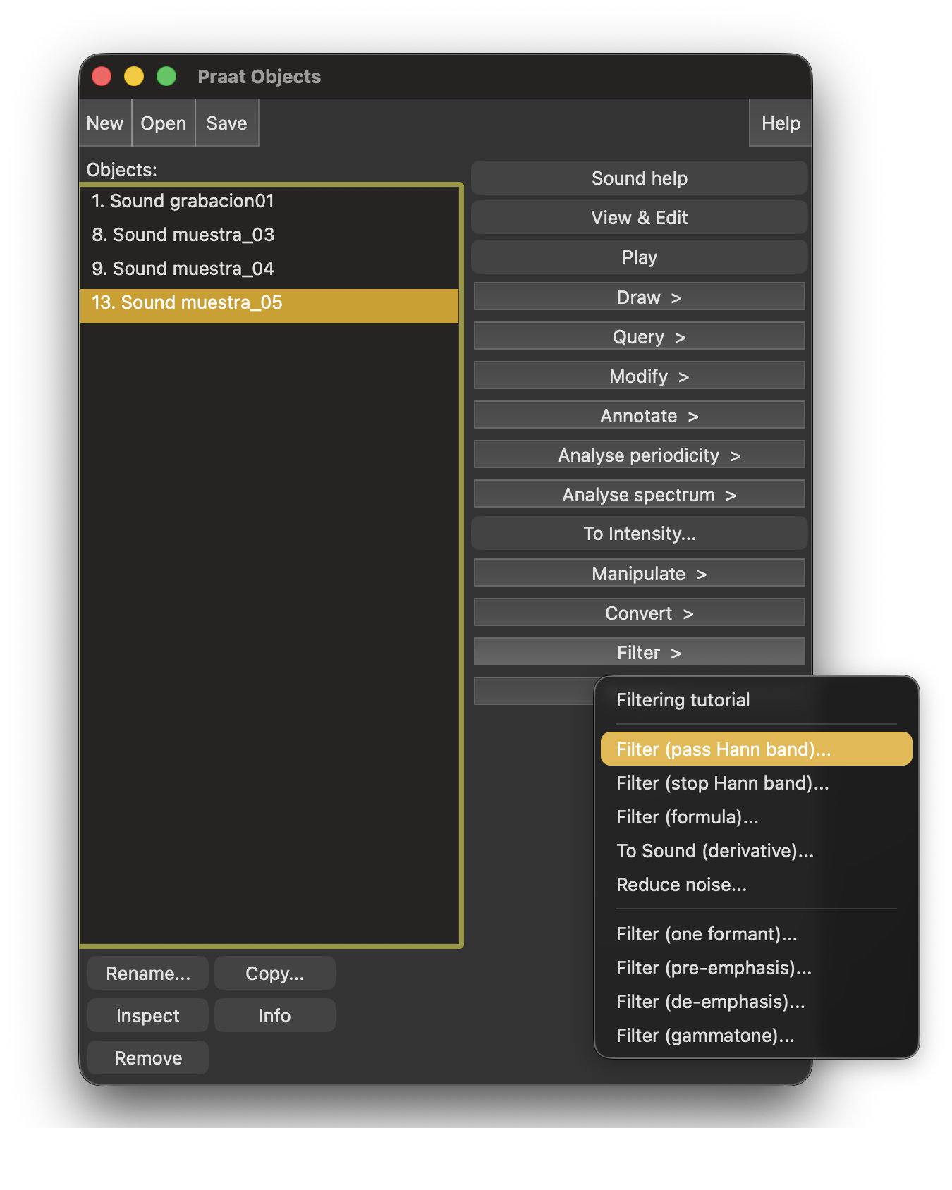 Menú para filtrar la señal