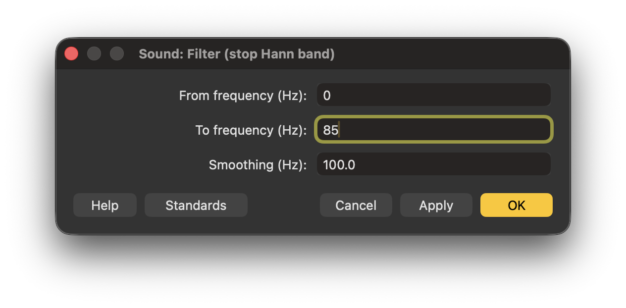 Formulario para especificar el rango de frecuencias del filtro